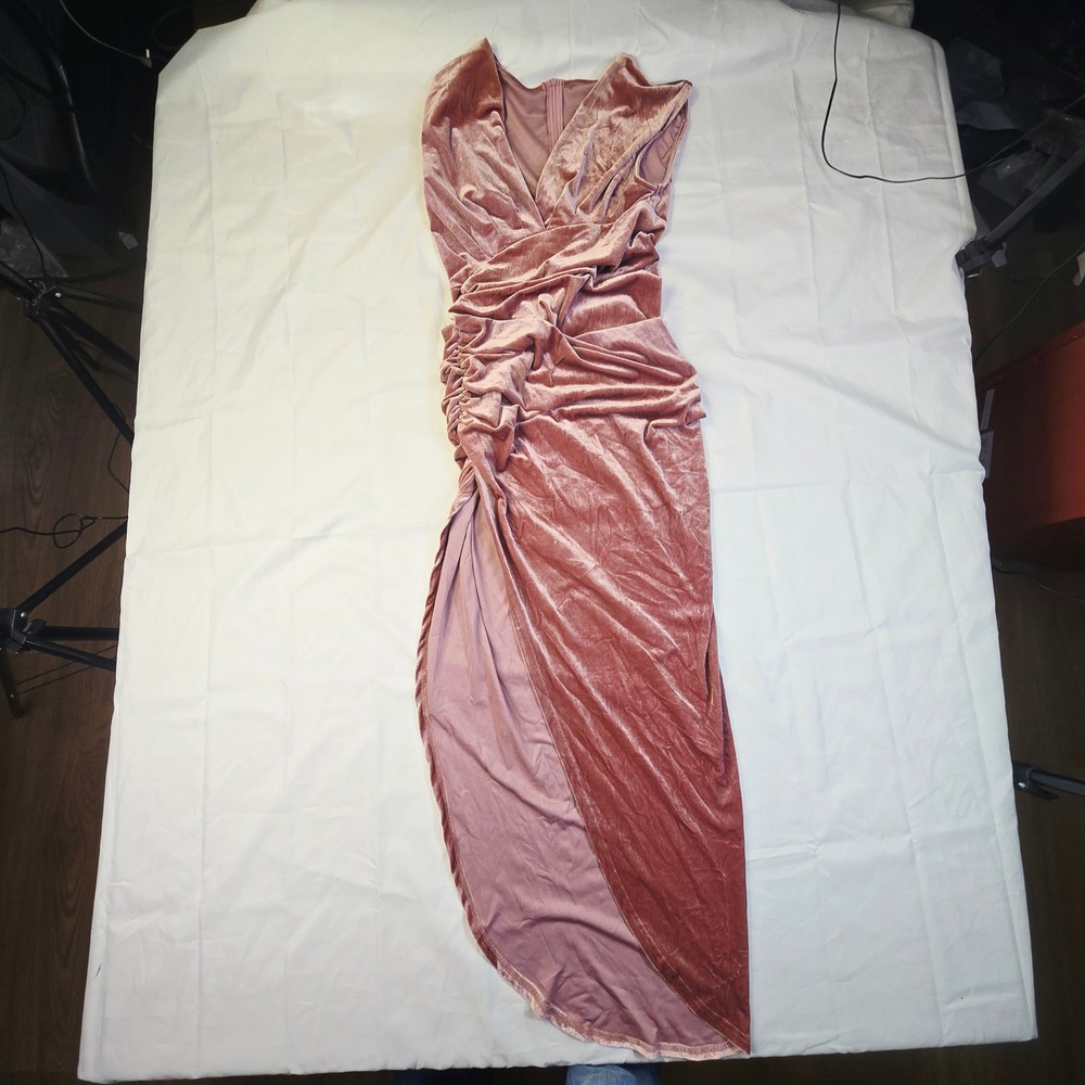 Women's Ruched Velvet V-Neck Maxi Dress Small Mauve Pink High Slit Z90